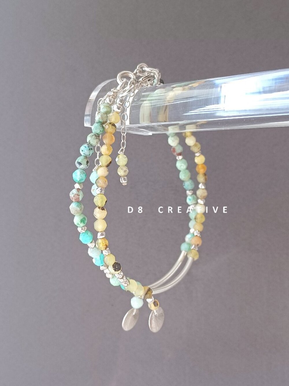 New sterling silver curve pipe with opal and chrysocolla stone bracelet